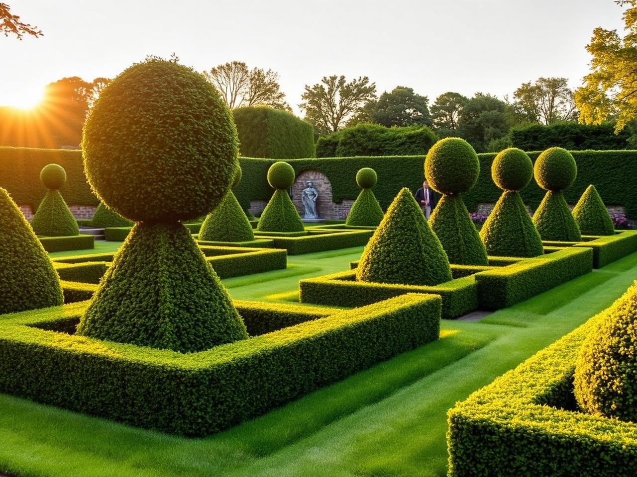 Topiary garden at golden hour